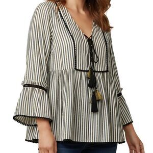 Crown & Ivy Women's Size L Blouse Top Striped Tassel Bell‎ Sleeve Boho Festival